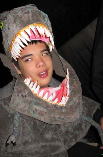 Jon in T. rex costume: close-up of Jon