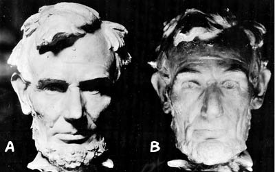 Lincoln statue lit from above, showing confidence and below, showing surprise