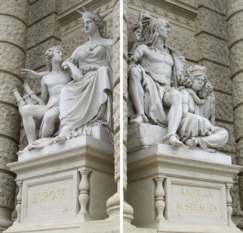 two statues of Europeans, native American and Australians