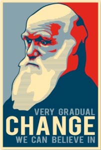 Charles Darwin in the style of the Obama poster change, with the words, Very Gradual CHANGE We Can Believe In
