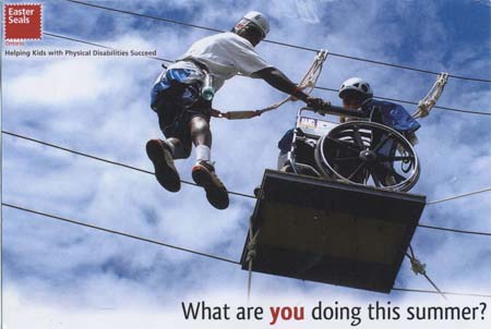 postcard pic of kid in wheelchair on high wires