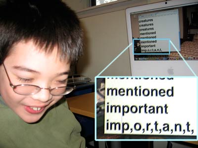 Jon in front of his computer, having typed an entire word separated by commas